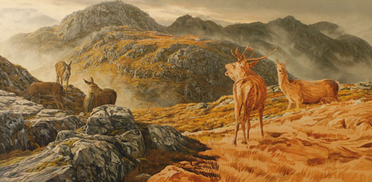 Red Deer Stag and hinds - Stalking Scene in oils